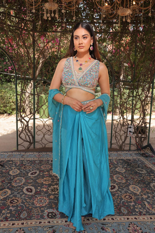 Celestial Bloom Fuchsia Blue Dhoti Skirt Set - view 2