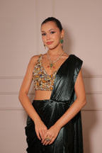 Emerald Green Italian Silk Saree - view 2