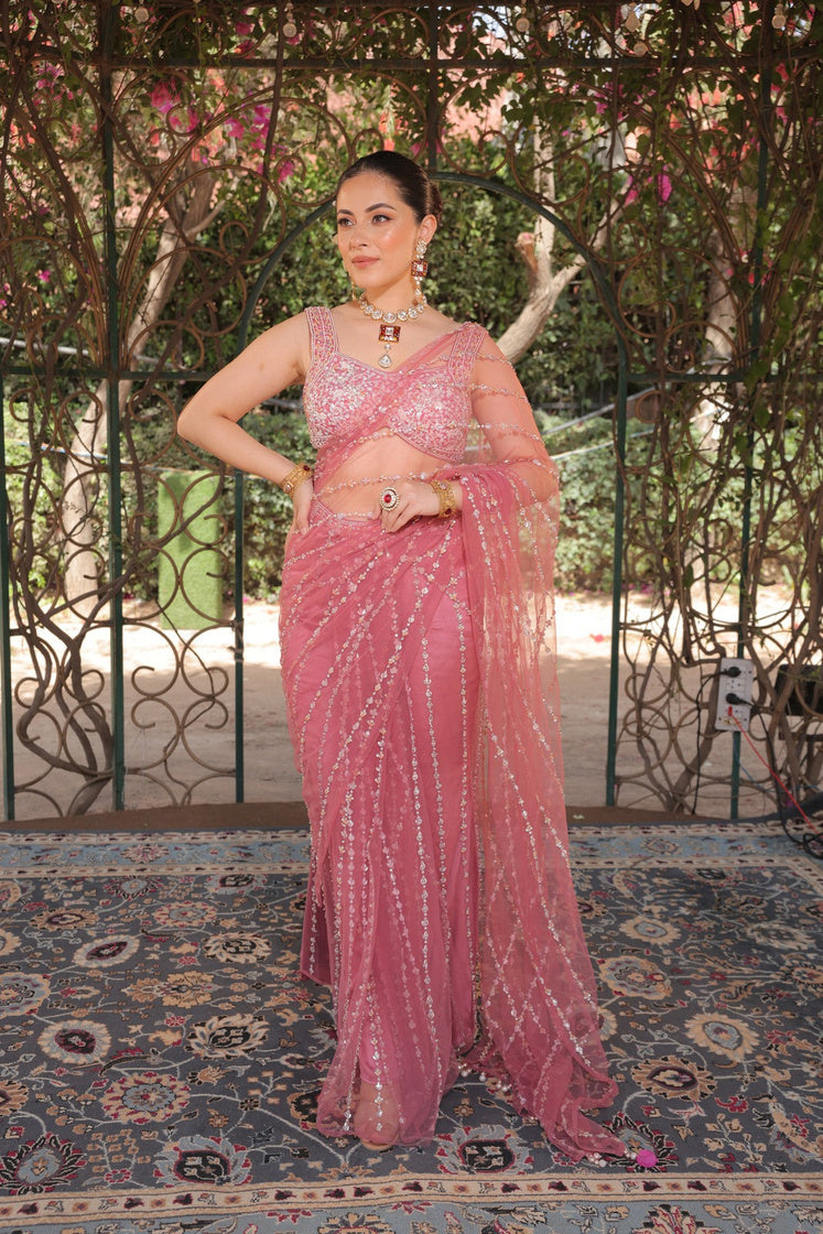 Gulshine Carrot Pink Embroidered Saree - view 1