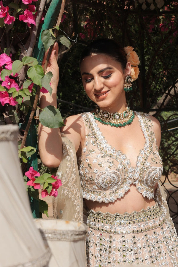Ivory Radiance Mirror and Pearl Work Lehenga - view 2