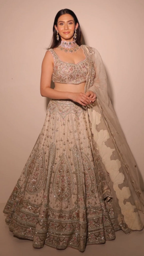 Nooraniya Cream Zardozi Lehenga in Dora Silk - view 1