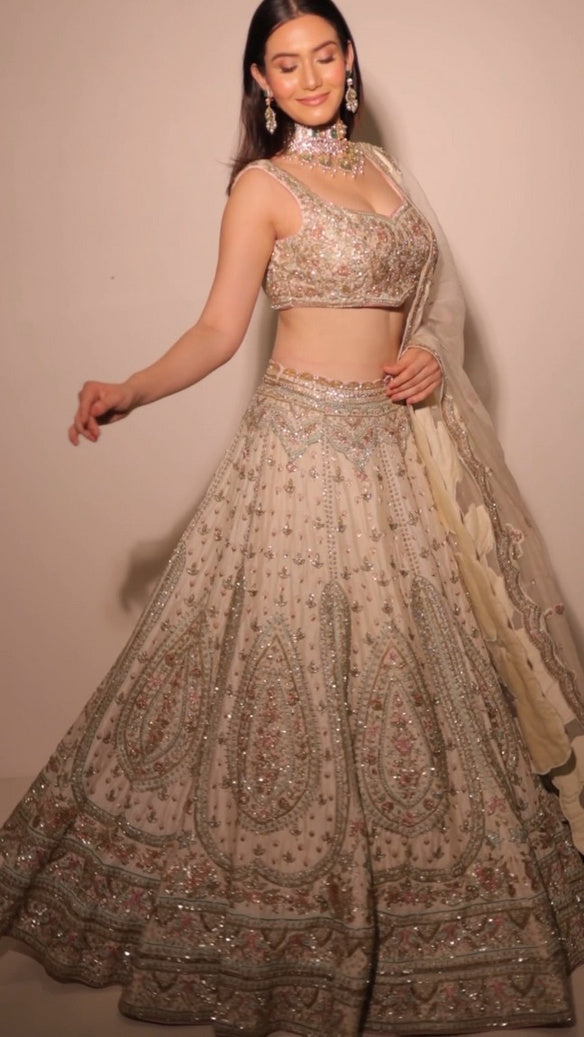 Nooraniya Cream Zardozi Lehenga in Dora Silk - view 2