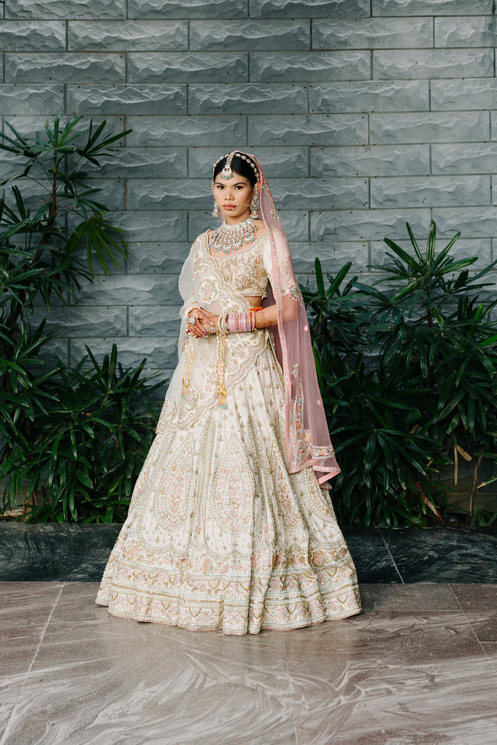 Nooraniya Off-White Zardozi Bridal Lehenga with Two Dupattas - view 1